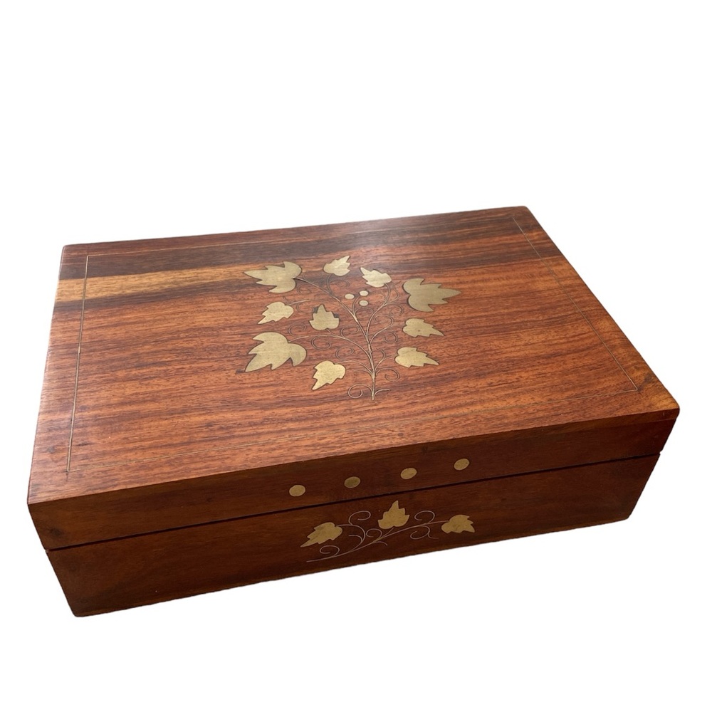 Vintage Wood & Brass Inlay Leaf Design Jewelry Box, Unisex, Muti-Function